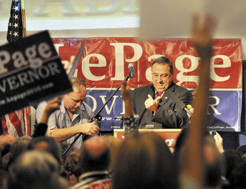 Paul LePage speaks to supporters at the election results party at Champions in Waterville Tuesday night.