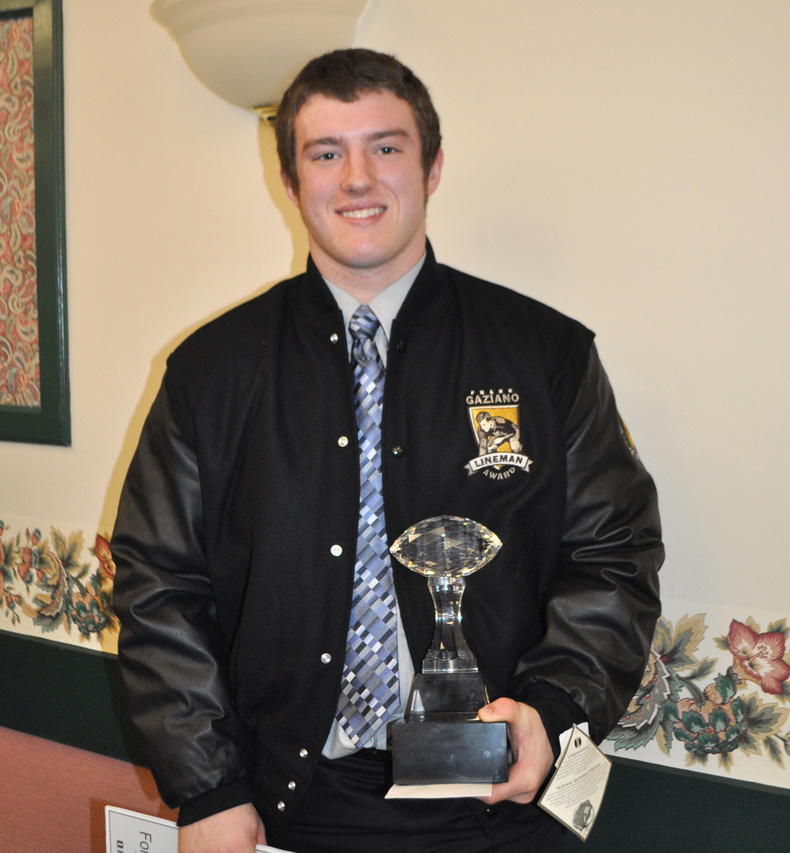 Nate Martell of Bonny Eagle won the Frank J. Gaziano Memorial Defensive Lineman Award today at a ceremony in Augusta.