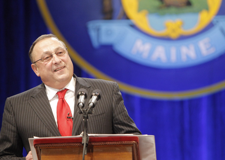 Gov. Paul LePage acknowledges an audience estimated at 5,000 after his swearing-in today at the Augusta Civic Center.