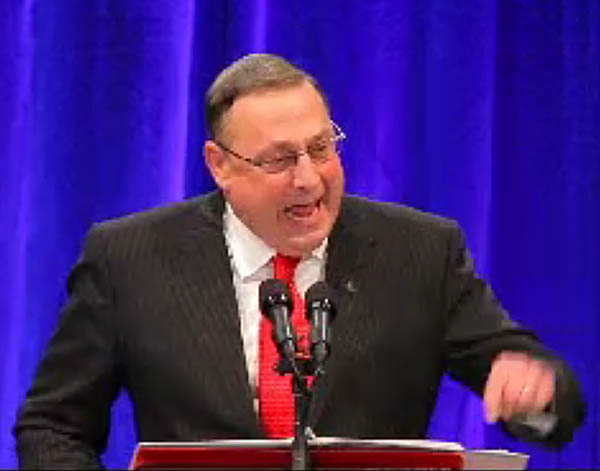 Paul LePage delivers his first speech as governor after being sworn in today at the Augusta Civic Center.