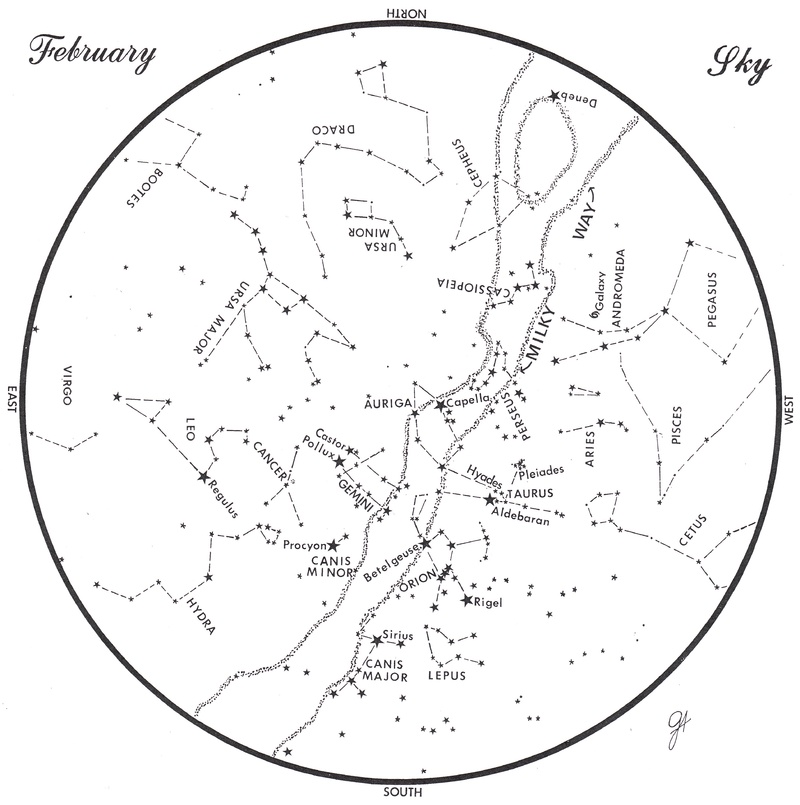 This chart represents the sky as it appears over Maine during February. The stars are shown as they appear at 9:30 p.m. early in the month, at 8:30 p.m. at midmonth and at 7:30 p.m. at month’s end. No planets are visible at chart time. To use the map, hold it vertically and turn it so the direction you are facing is at the bottom.