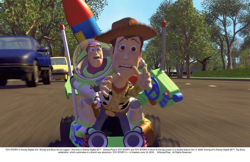 Woody (voiced by Tom Hanks) and Buzz (voiced by Tim Allen) appear in “Toy Story 3,” one of the past year’s 3-D movies, with images that appear to pop out of the screen, that moviegoers paid higher prices to see in 2010.