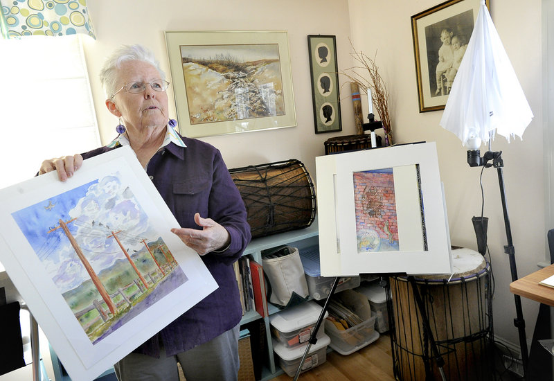 Donna Beveridge holds one of her many paintings, called "News Travels," at her home studio. Beveridge is one of more than 30,000 people in Maine with Alzheimer s disease.