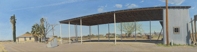 “Farm Buildings Near the Rio Grande: South Side of the Barn, A.M.,” 2008, 90 inches by 24 inches, oil on canvas