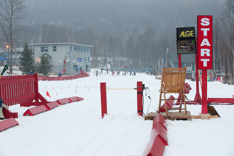 The starting line of a U.S. Cross Country Ski Championships event in Rumford,