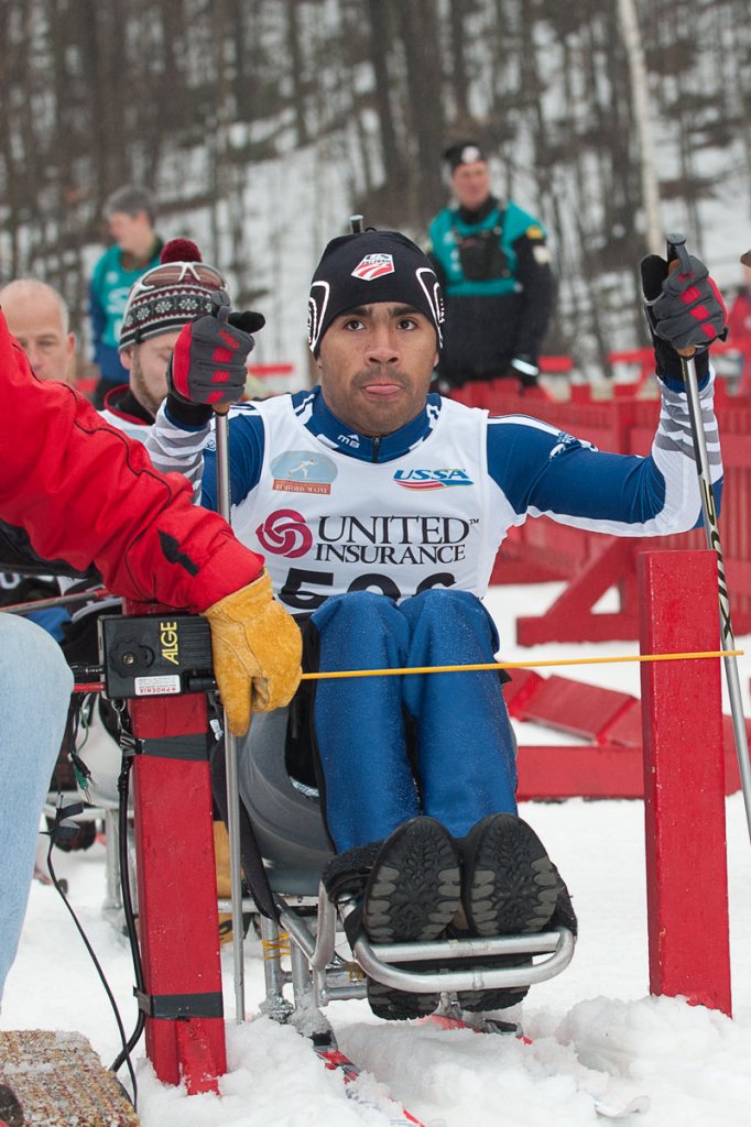 Marlon Shepard takes his place at the starting line of a U.S. Cross Country Ski Championships event in Rumford Sunday.