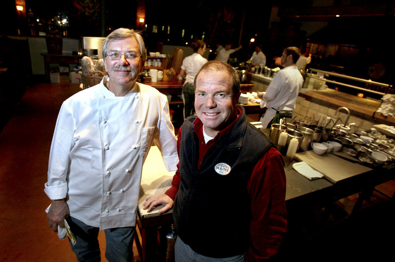 Chef Sam Hayward, left, and Maine Fresh CEO Jeff Johnson at Hayward's Fore Street restaurant. Twenty-five percent of net proceeds from Maine Fresh seafood pie sales will go to the Cobscook Community Learning Center, which works to improve the lives of residents of Washington County, one of the poorest counties in the country.