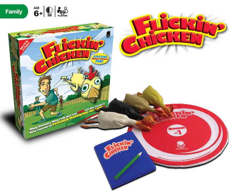 The game Flickin' Chicken comes with four rubber birds, a scorecard and a bull's-eye.