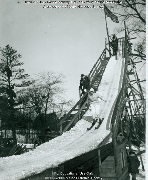 Margaret Towne, age 16, of Berlin, N.H., comes down the ski jump at Portland’s Western Prom during the Winter Carnival of 1924.