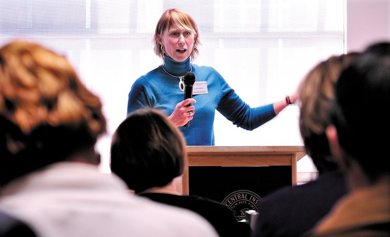 Carolann Ouellette, deputy director of the Maine Office of Tourism, speaks about marketing the state internationally during a seminar Thursday at the Maine Central Institute.