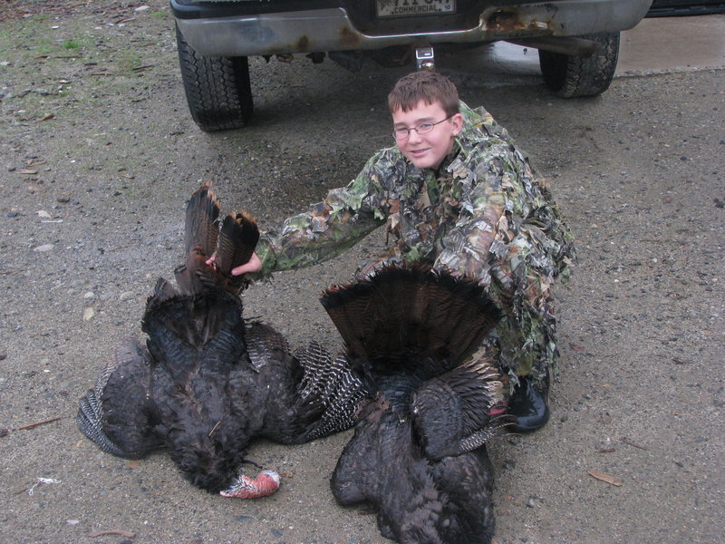 Tyler John Barrows, 13, of Manchester completed a hunting grand slam in 2010. He got the two turkeys shown here in May; they weighed 16.4 pounds and 19.6 pounds. The bear he shot in September in West Forks weighed 100 pounds dressed out. He got a 697-pound cow moose in September in Van Buren. Then he shot a button buck weighing 76 pounds in November.