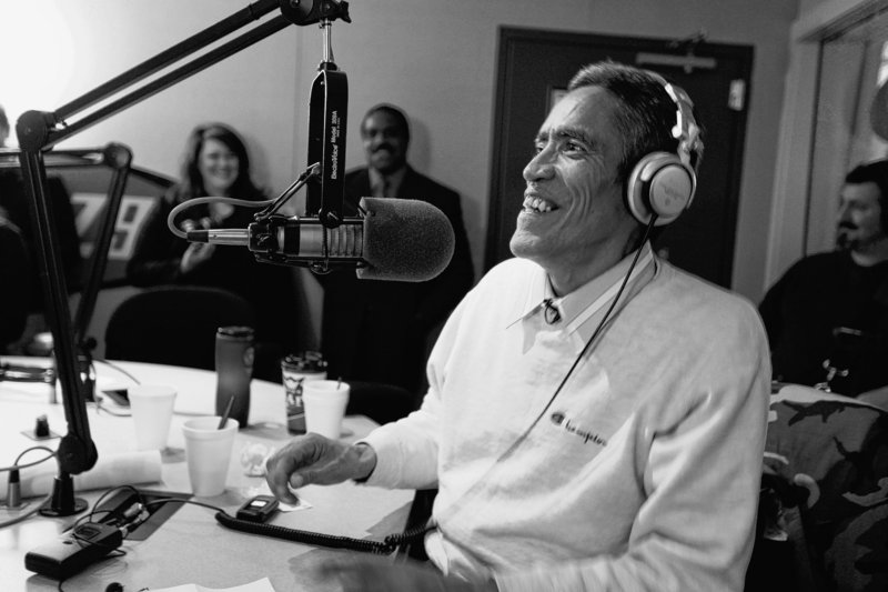 Ted Williams, the homeless man with the golden voice, appears on the Morning Zoo program at WNCI (97.9 FM) in Columbus, Ohio, last week.