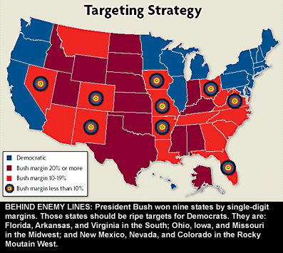 A map created by the Democratic Party listed a "Targeting Strategy" for candidates "behind enemy lines" and identified the "enemies" with target symbols.