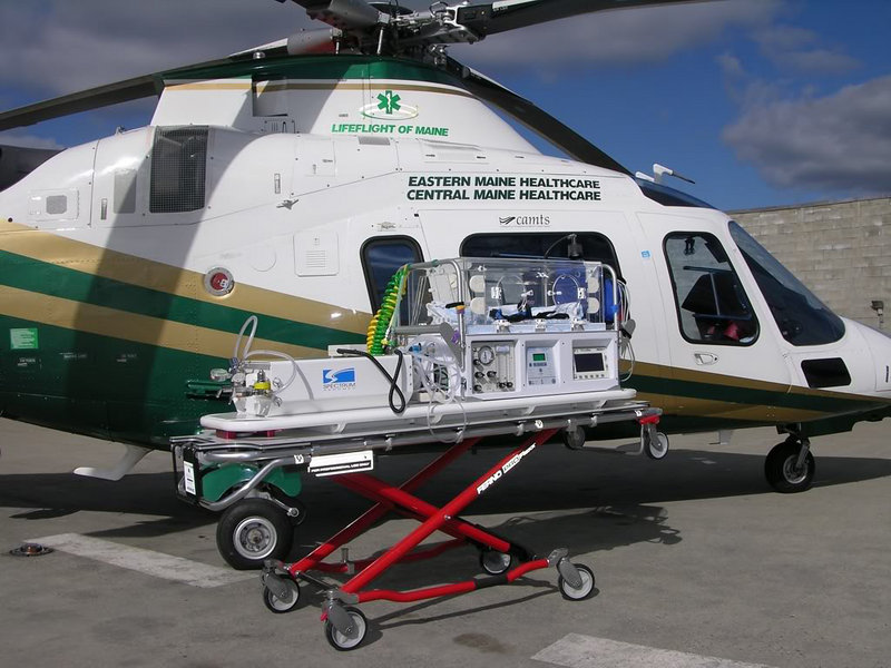 An infant Isolette is seen in front of one of LifeFlight of Maine’s Bangor-based medical helicopters. The emergency transport service outfitted this helicopter in October and has now purchased an Isolette for the Lewiston-based helicopter.