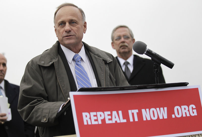 Steve King, R-Iowa, speaks during a news conference on Capitol Hill in Washington, Tuesday after accepting delivery of petitions demanding repeal of the 2010 health care overhaul. He said law “expands the dependency state in America for political reasons.”