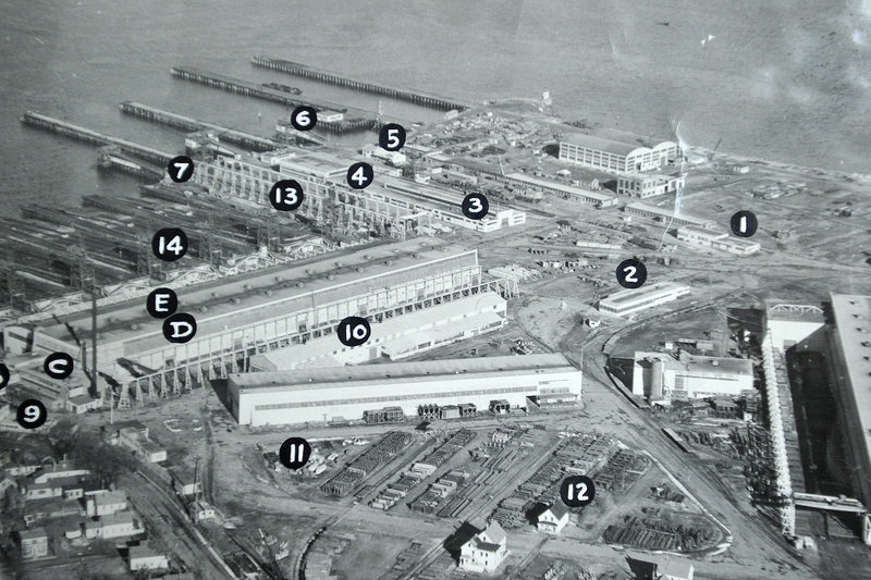 This archival aerial view, taken in the early 1940s, shows the breadth of the New England Shipbuilding Corp. property when it was building Liberty ships in South Portland. The building marked “No. 10” is the structure currently being demolished.