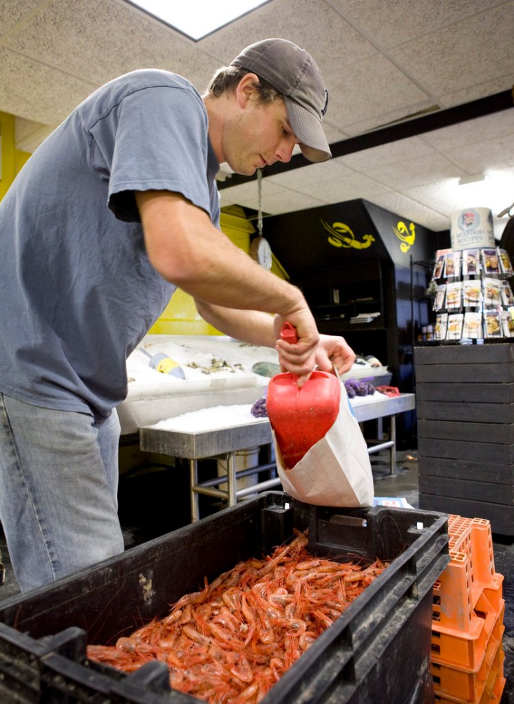 Keith Foley fills a bag with fresh Maine shrimp at Free Range Fish in Portland on Saturday. Organizers of the National Seafood Marketing Coalition say enhanced marketing efforts will strengthen the U.S. seafood economy and generate jobs.