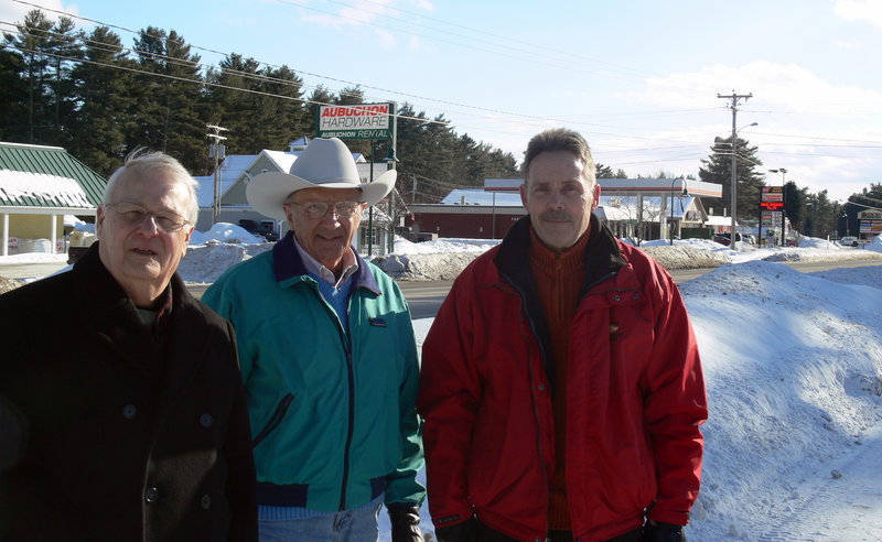 Raymond residents, from left, Sam Gifford, Wayne Holmquist and Ingo Hartig are seeking others to revitalize commerce along Raymond's commercial strip. Not pictured are committee members Frank and Betty McDermott, who have gone south for the winter.