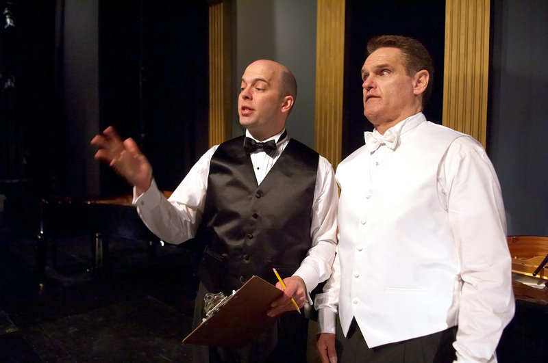 Tom Frey, left, and Jeffrey Rockwell star in Portland Stage Company s production of "2 Pianos 4 Hands."