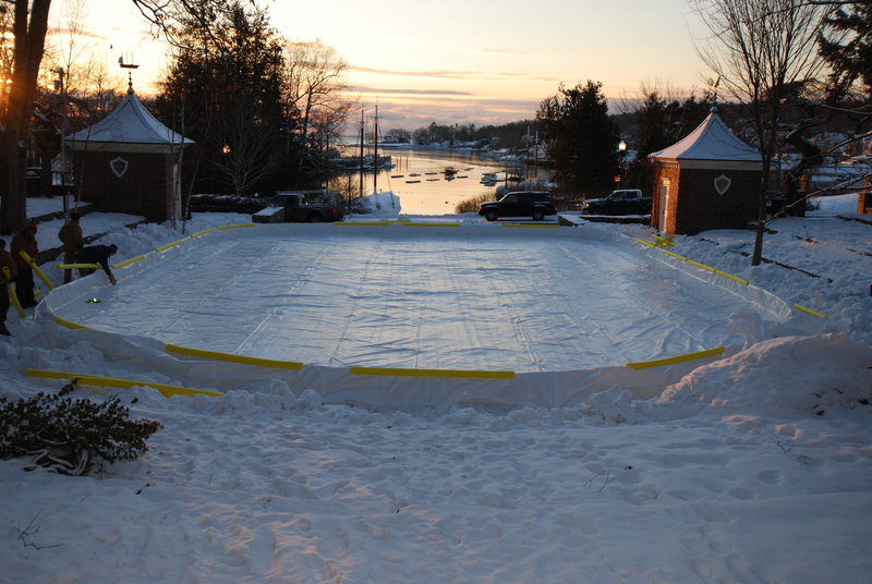 With the boards up and the liner in place, the rink beside Camden Harbor stands ready earlier this month to be filled with water.