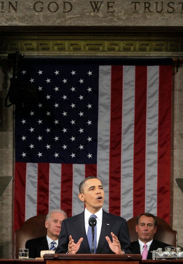 President Obama delivers his State of the Union address Tuesday night in the House chamber, saying “this is our generation’s Sputnik moment” for meeting a challenge. Behind him are Vice President Joe Biden, left, and House Speaker John Boehner, R-Ohio.