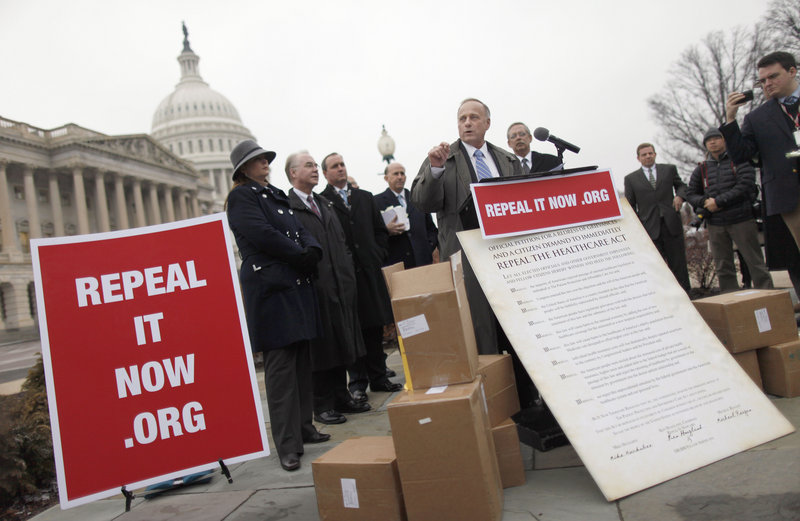 Rep. Steve King, R-Iowa, speaks during a news conference on Capitol Hill on Jan. 18, after accepting delivery of signed petitions demanding the repeal of ‘ObamaCare.’