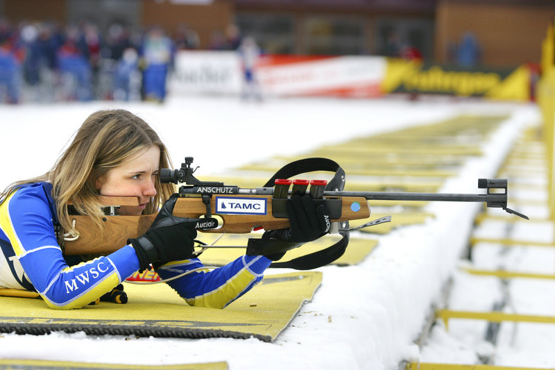 Meagan Toussaint of Madawaska takes aim with a rifle designed especially for her to use while competing in the biathlon.