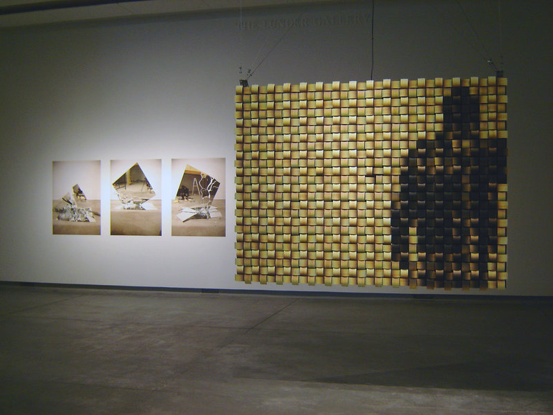 Gwenael Belanger’s “Carré gris” (left), 2010, and Daniel Rozin’s “Weave Mirror,” 2007