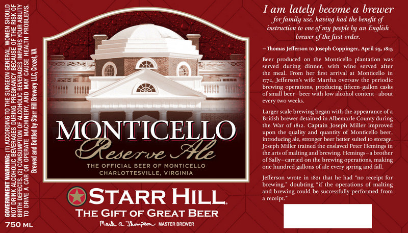 The label that will be used on Monticello Reserve Ale that will be produced by Starr Hill Brewery in Crozet, Va.