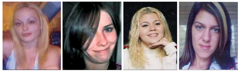 Photos provided by police in Suffolk County, N.Y., show, from left, Melissa Barthelemy of New York's Erie County; Maureen Brainard-Barnes of Norwich, Conn.; Megan Waterman of Scarborough, Maine; and Amber Lynn Costello of North Babylon, N.Y. Their bodies were found last month along a deserted stretch of beach highway. Serial killers throughout history have preyed on prostitutes, from Jack the Ripper in the 1880s to the Green River Killer in the 1980s and '90s.