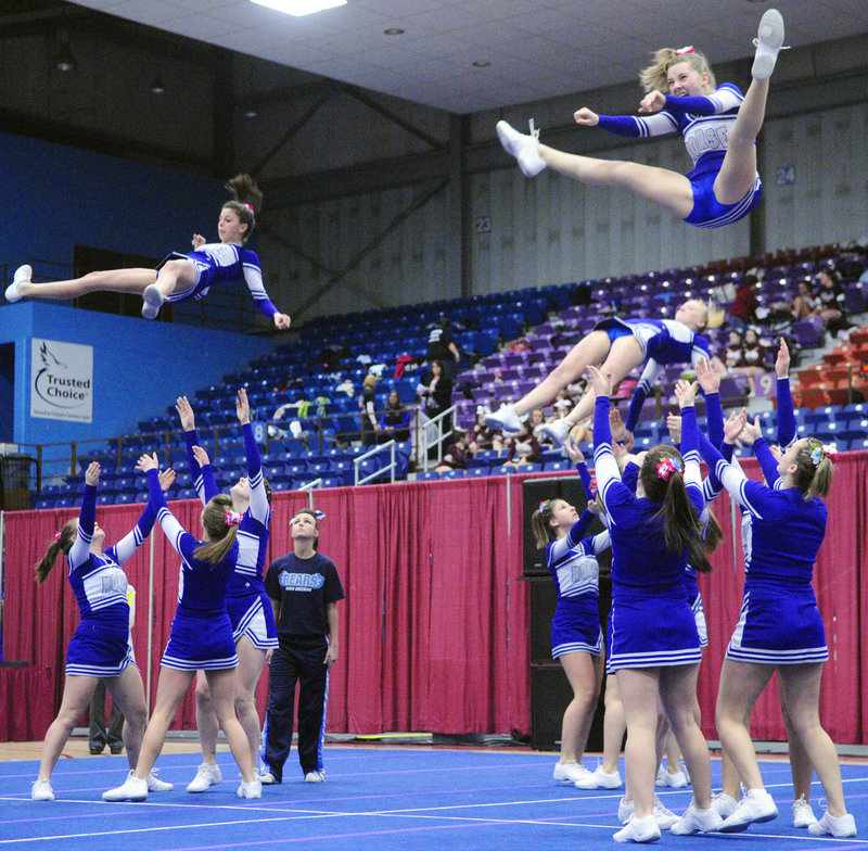 What goes up must come down, and the Morse cheerleaders prepare to do their catching during a portion of the routine at the regionals at Augusta.