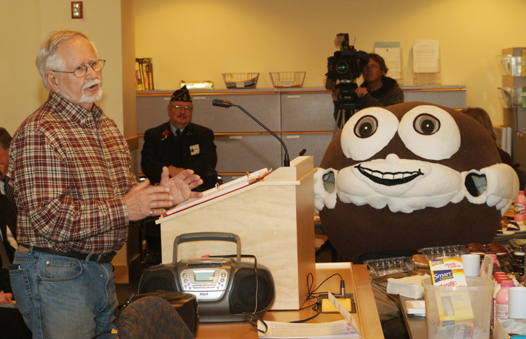 John Linscott testifies before the Legislature's State and Local Government Committee today in favor of a bill to make the Whoopie Pie the official dessert of the state of Maine.