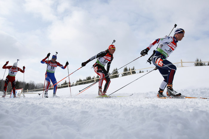 A pack of racers during the men's pursuit at the Biathlon World Cup last Sunday in Presque Isle.