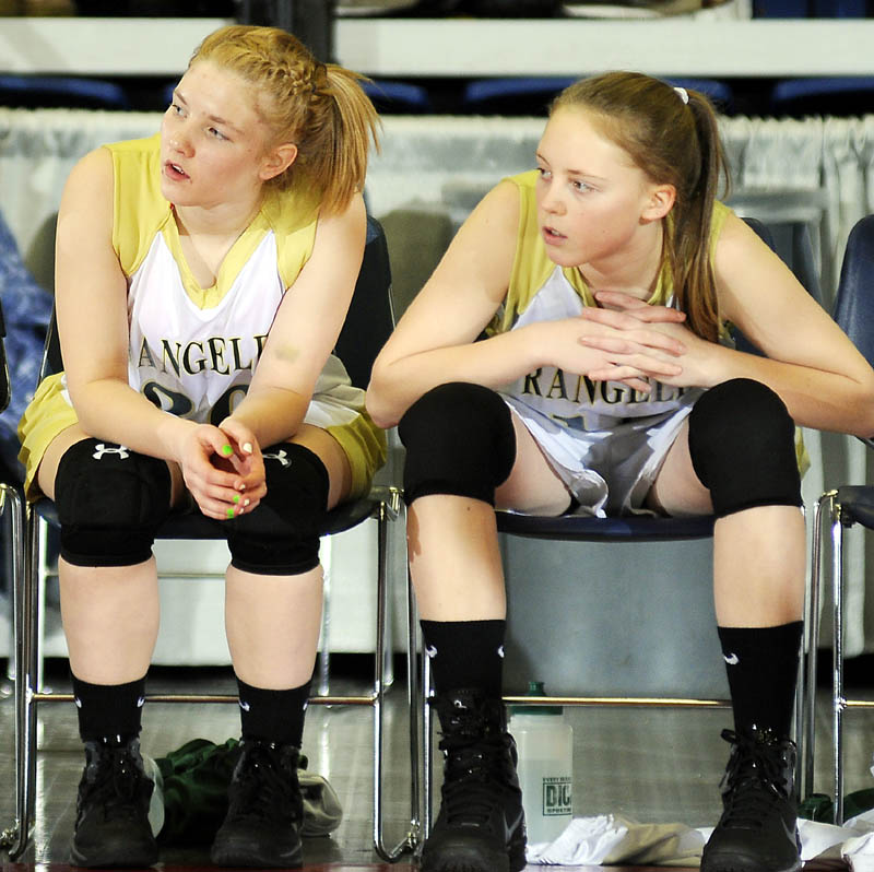 AN EARLY START: Eight graders Seve Deraps, left, and Taylor Esty played on the Rangeley girls varsity basketball team this season. In Class D, schools with fewer than 40 students of the gender of the team, can play eighth graders on the varsity team.