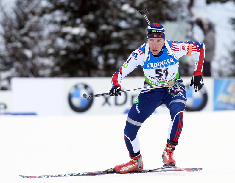 Jeremy Teela of Heber City, Utah, competes in the men's 10K sprint at the biathlon World Cup in Presque Isle on Feb. 4.