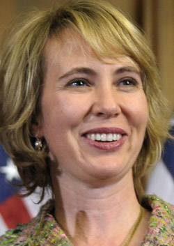 In this Jan. 5, 2011, photo – three days before she was shot in the head – Rep. Gabrielle Giffords, D-Ariz., takes part in a reenactment of her swearing-in, on Capitol Hill in Washington.