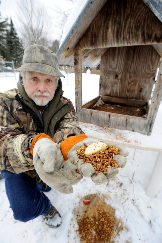 John Chapman shows the feed he puts out once a day for the deer. The mixture – grain, molasses, apples and flaked corn – contains the protein that deer require to be properly nourished.
