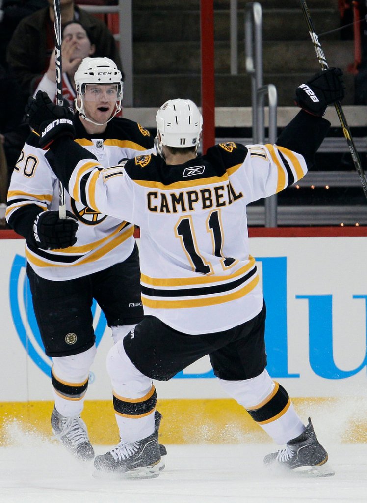 Boston’s Daniel Paille, left, and Gregory Campbell celebrate Paille’s second-period goal Tuesday night.