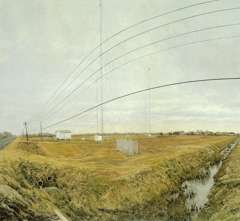 "At the Confluence of Two Ditches Bordering a Field with Four Radio Towers” by Rackstraw Downes.