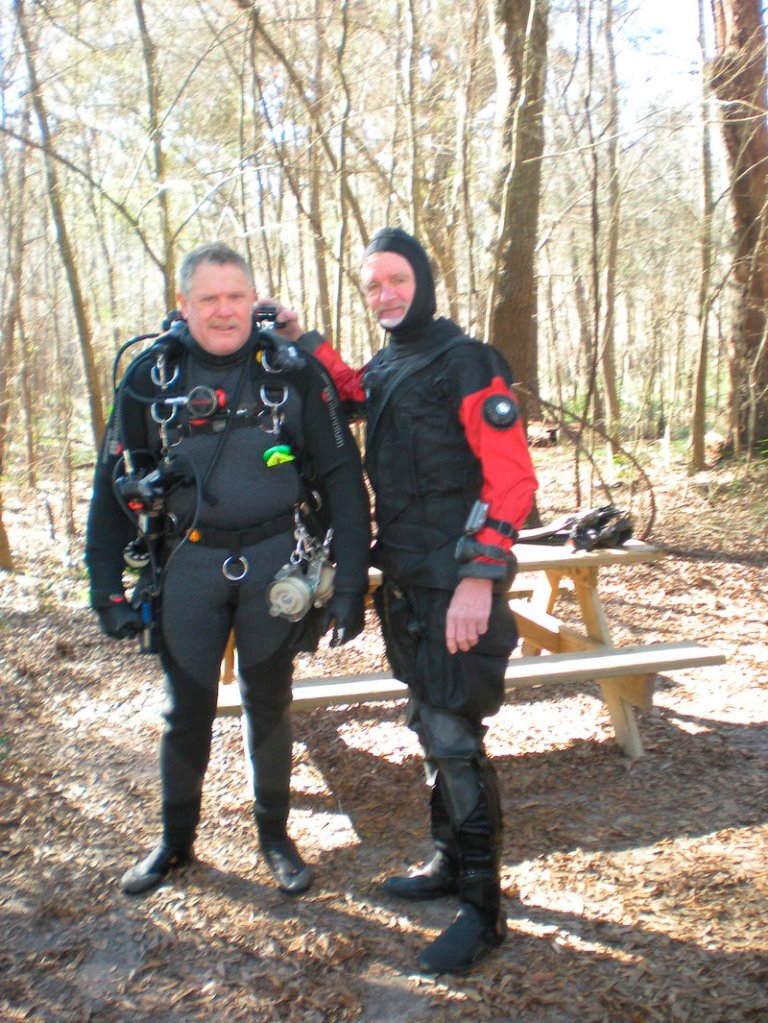 Dr. Stephen Klinker, left, a Waterville dentist, is all suited up in his cave diving gear. With him is his cave diving instructor, Larry Green of Florida.