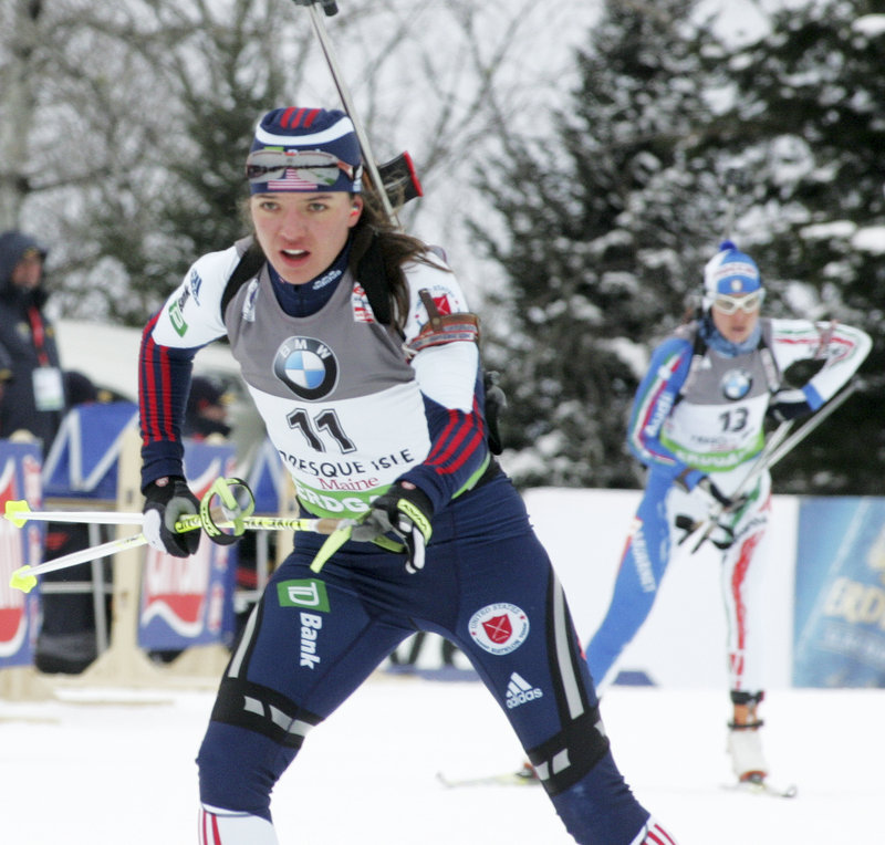 Sara Studebaker of Boise, Idaho, was the top American finisher in the women s 7.5-kilometer sprint Friday at a World Cup biathlon event in Presque Isle. Studebaker was 14th overall, her highest career finish, hitting every target. Helena Ekholm of Sweden won the race.