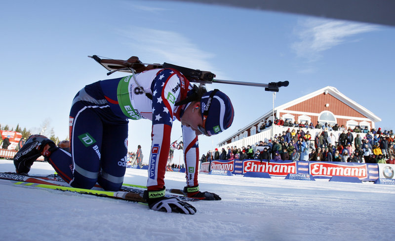 American Sara Studebaker catches her breath Saturday after completing the first leg in the mixed relay race at the Biathlon World Cup in Presque Isle. Studebaker finished in 18 minutes, 50.9 seconds, helping the U.S. to a seventh-place finish.