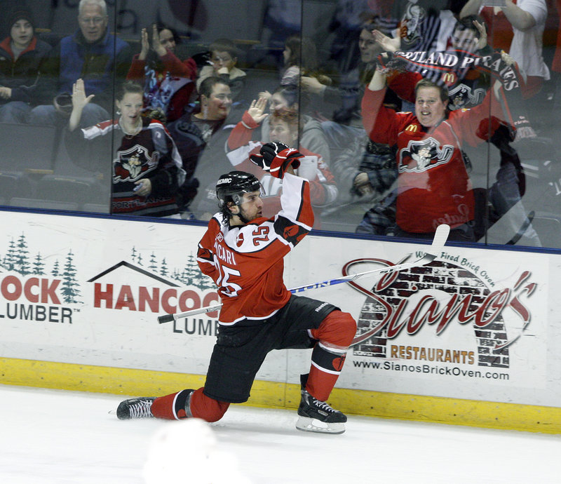 Portland's Mark Mancari celebrates his short-handed goal in the first period Saturday night at the Cumberland County Civic Center. Mancari, the AHL's leading goal scorer, collected his 28th of the season.