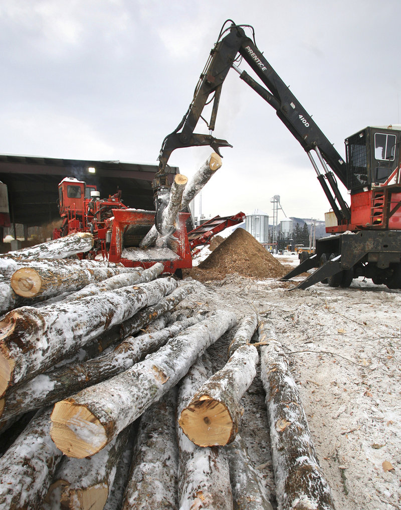 A crane loads logs into a debarker at the Geneva Wood Fuels pellet plant in Strong, formerly the “toothpick capital of the world.”