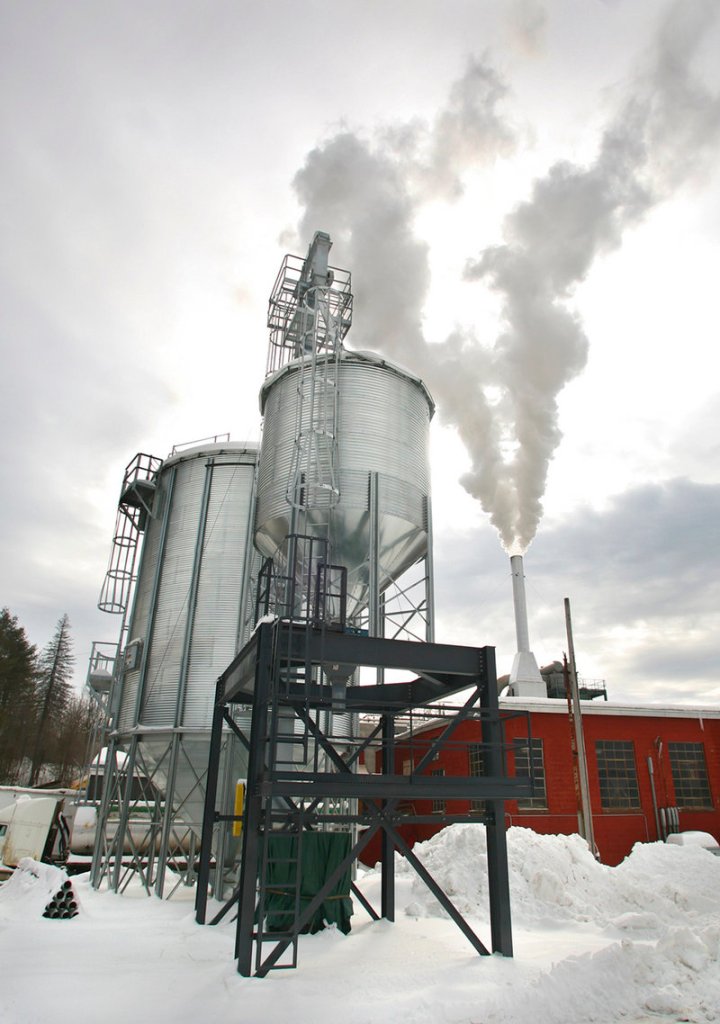 Wood pellets are stored in a new metal silo, capable of holding 300 tons, at Geneva Wood Fuels in Strong.