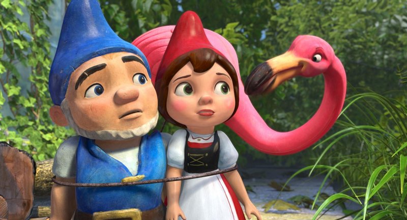 Gnomeo (voiced by James McAvoy), Juliet (voiced by Emily Blunt) and Featherstone (voiced by Jim Cummings) in "Gnomeo and Juliet."