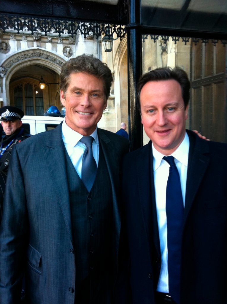 David Hasselhoff, left, and British Prime Minister David Cameron.