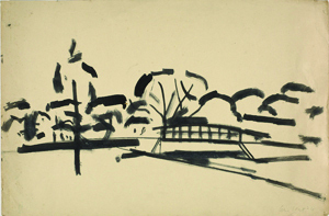 "Landscape with Bridge" by Alex Katz, from the exhibition "Alex Katz: Drawings," continuing into the fall at the Colby College Museum of Art in Waterville.
