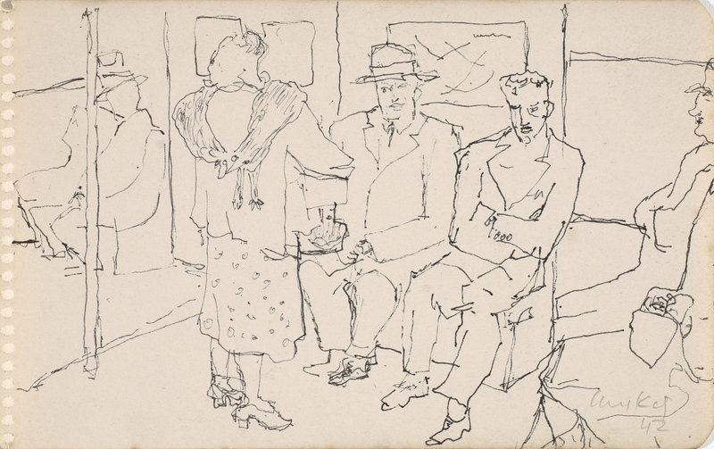 Alex Katz, “Subway Series,” c. 1944–49, pen and ink on paper, 47⁄8 by 77⁄8 inches.