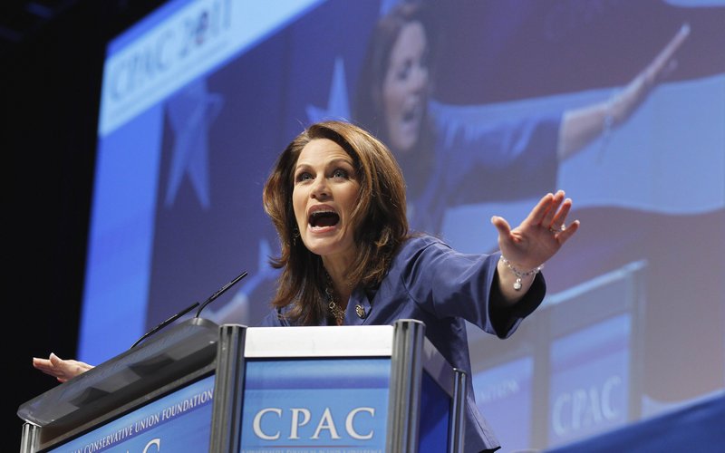 Rep. Michele Bachmann, R-Minn., addresses the Conservative Political Action Conference (CPAC) in Washington Thursday. She did not say if she would try to unseat Obama in 2012.